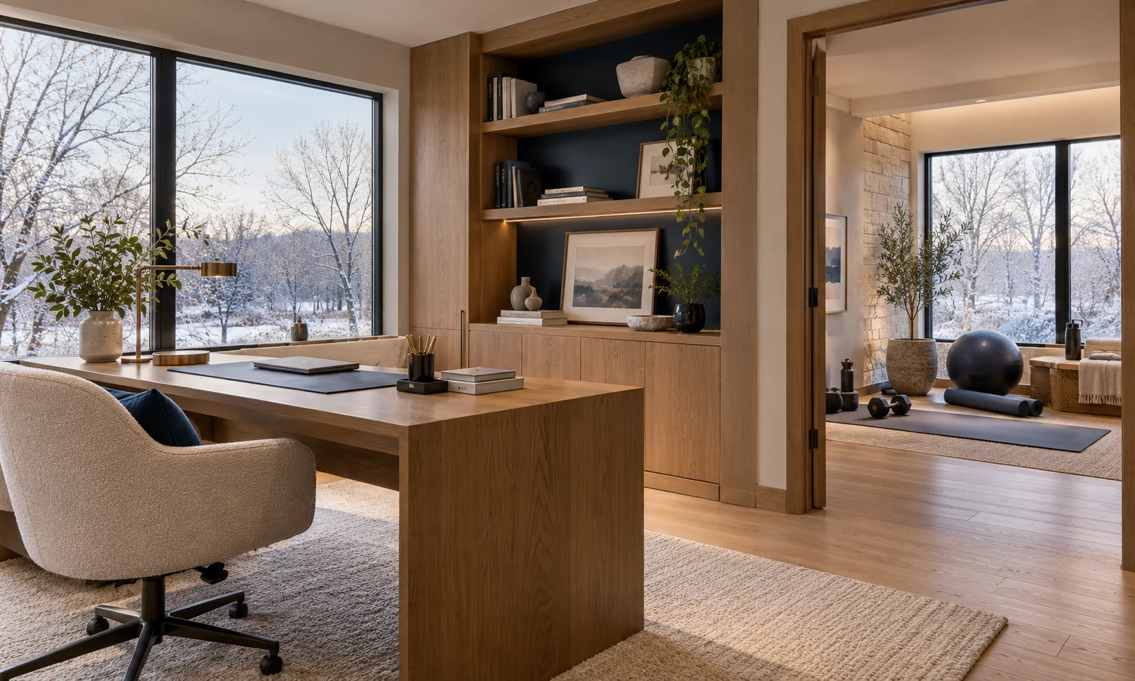 Architectural concept illustration of a calm oak-finished home office with a separate fitness space and softly frosted trees outside.